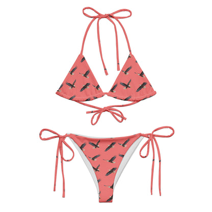 Red bikini with pattern of bald eagles.
