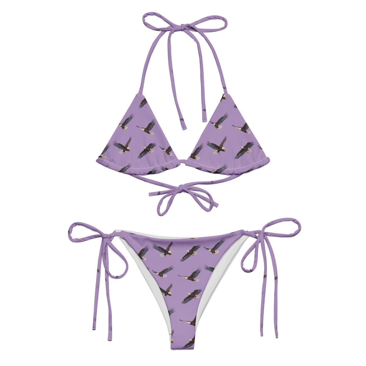 Purple bikini with pattern of bald eagles.