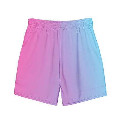 Back of men's swim trunks with a light-blue-to-pink design