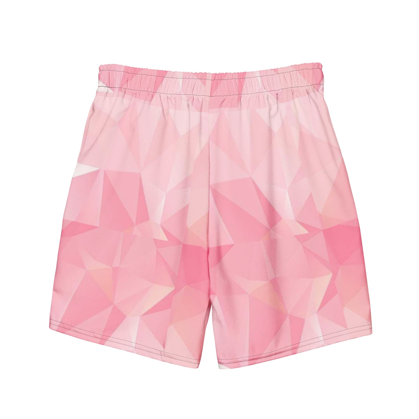 Back of swim trunks with pink geometric pattern.