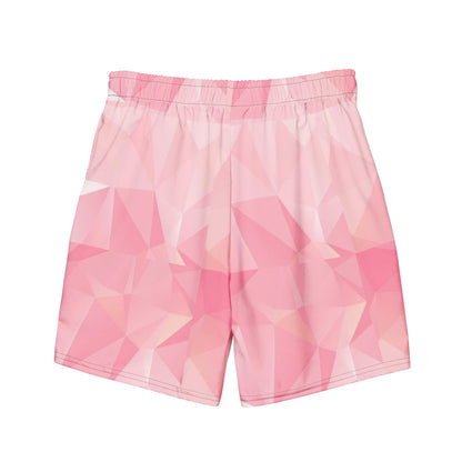 Back of swim trunks with pink geometric pattern.