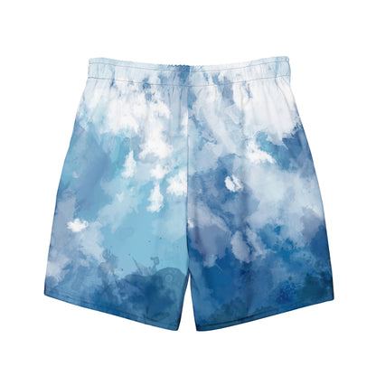 Back of swim trunks with a blue-white watercolor pattern.
