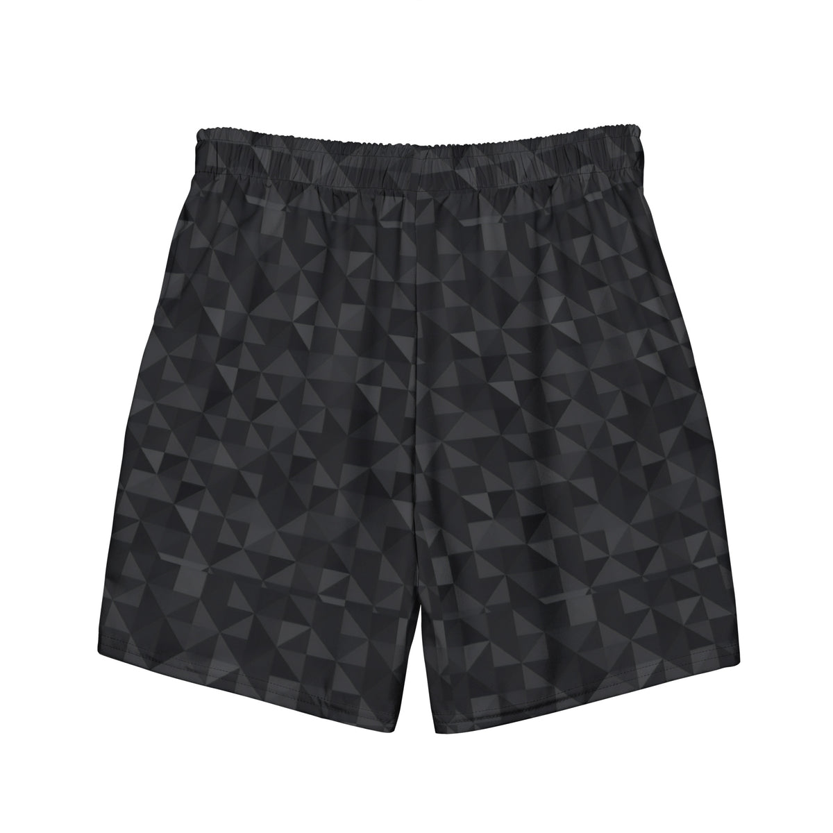 Back of swim trunks with black geometric pattern.
