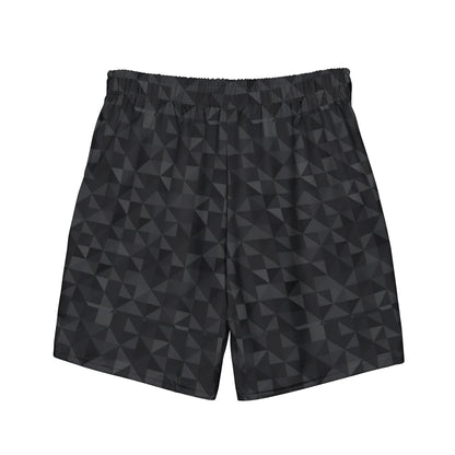 Back of swim trunks with black geometric pattern.