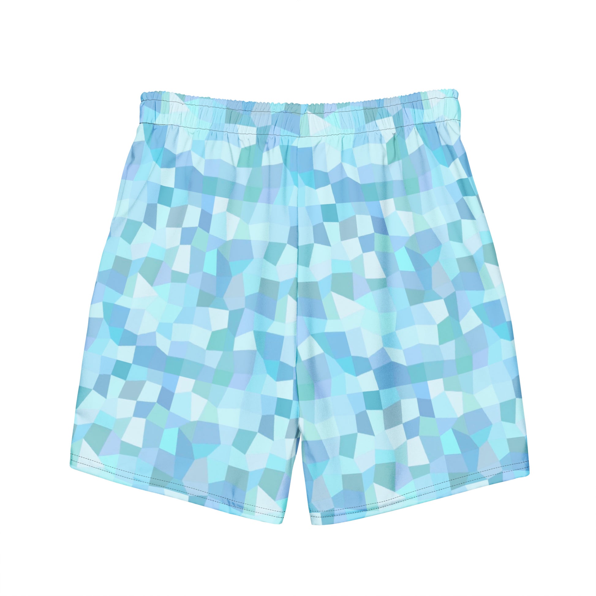 Back of swim trunks with light-blue geometric pattern.