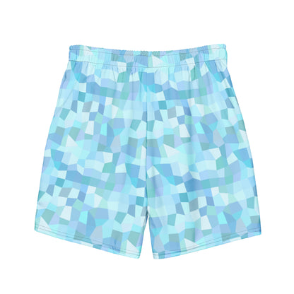 Back of swim trunks with light-blue geometric pattern.