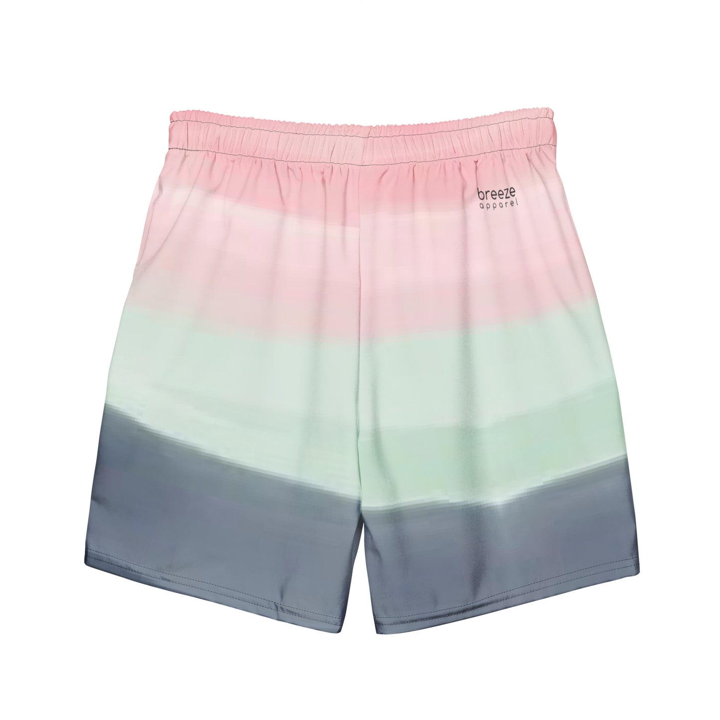 Back of swim trunks with color scheme of pink, light green, and gray, resembling watercolor.