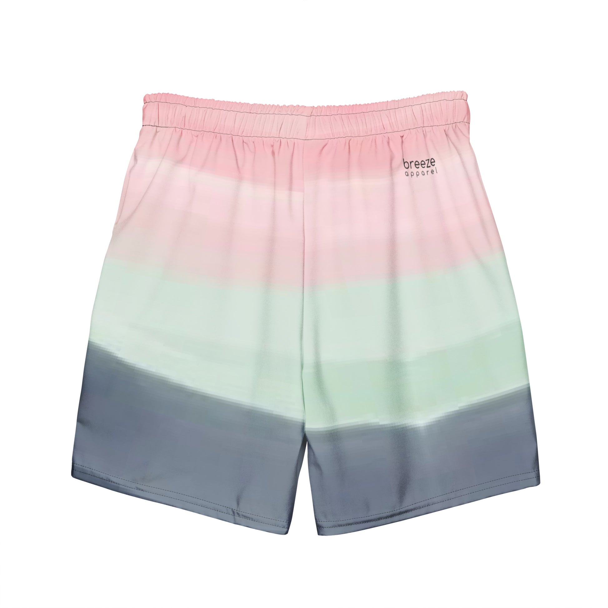 Back of swim trunks with color scheme of pink, light green, and gray, resembling watercolor.