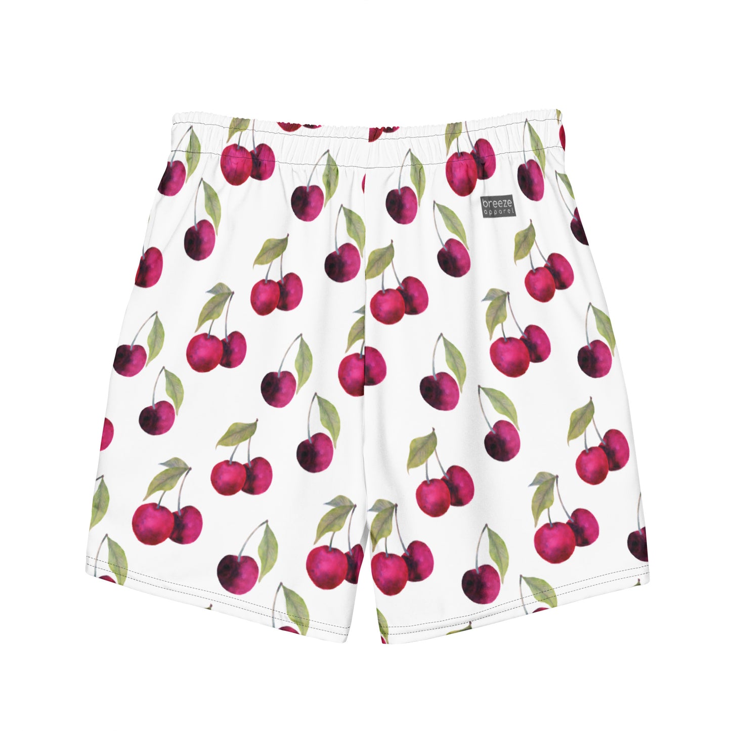 Swim trunks with pattern of cherries set on a white background.