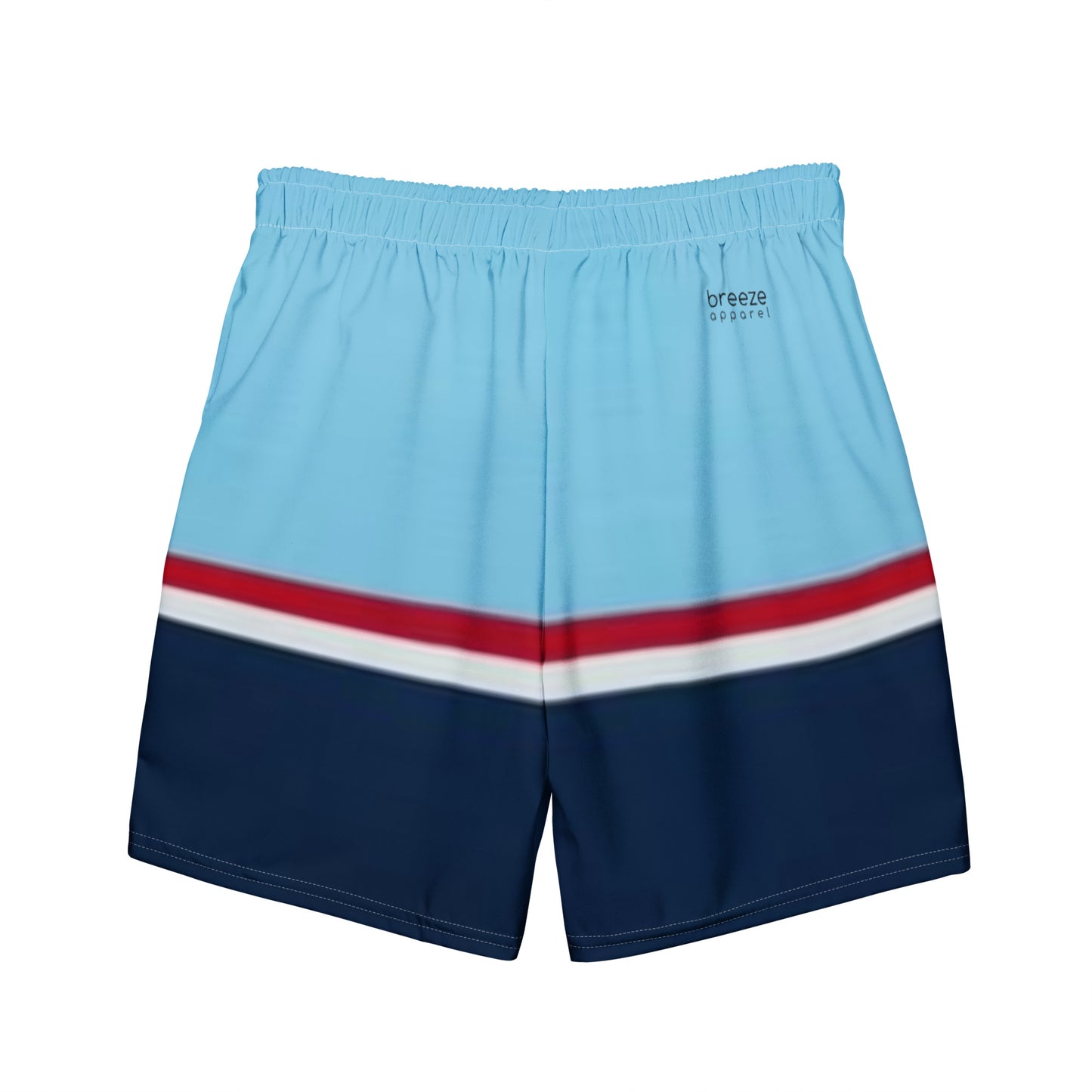 Swim trunks with pattern of light-blue on top, followed by a thinner red and thinner white line, followed by navy.