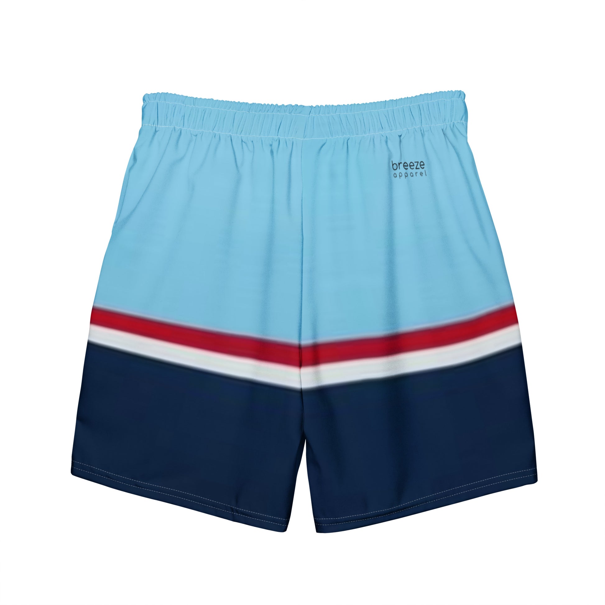 Swim trunks with pattern of light-blue on top, followed by a thinner red and thinner white line, followed by navy.
