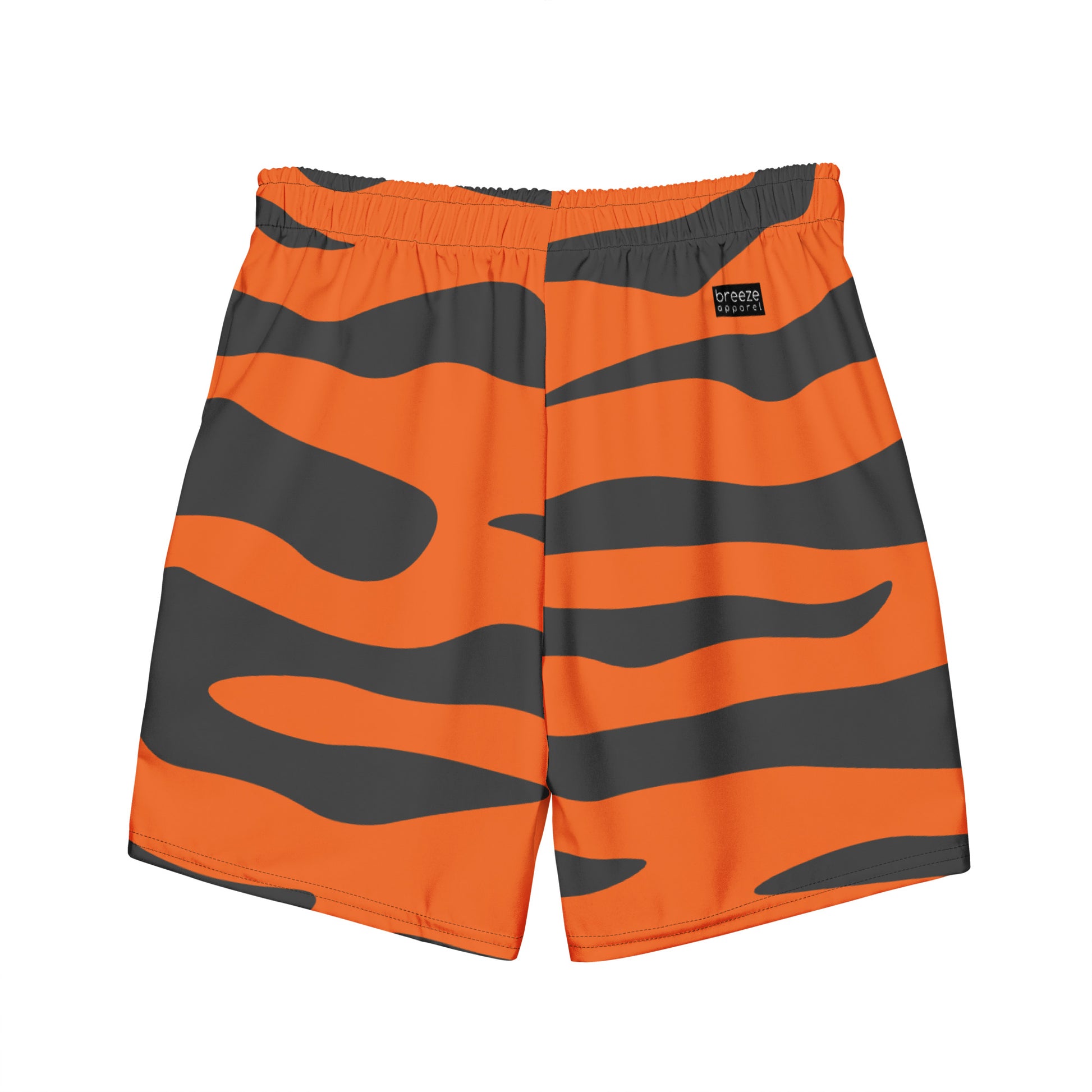 Swim trunks with tiger-skin pattern.