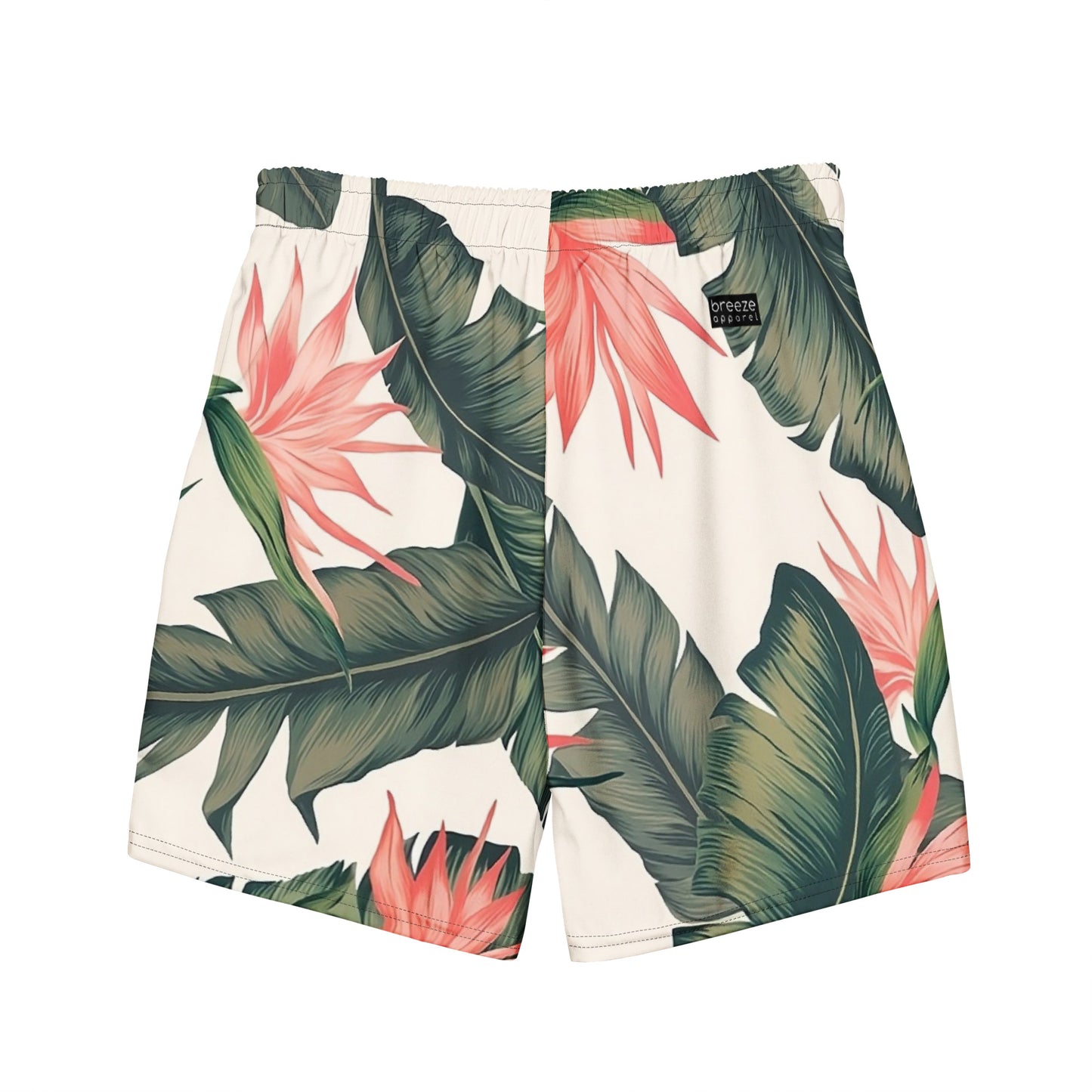 Swim trunks with tropical floral pattern.