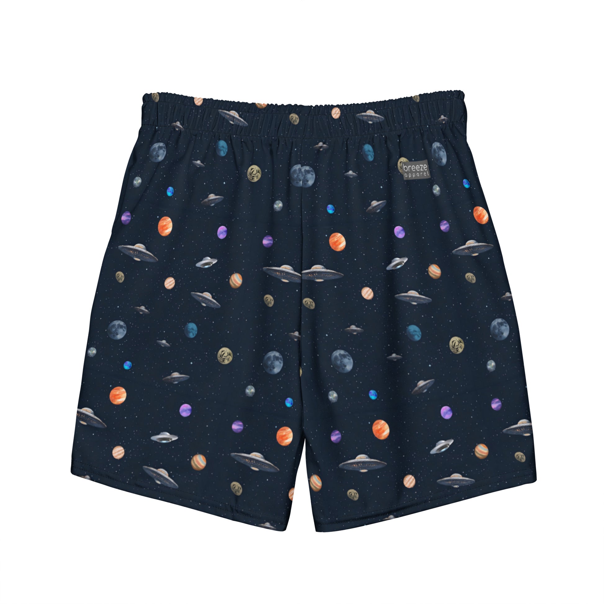 Swim trunks with graphic of planets and UFOs in space.