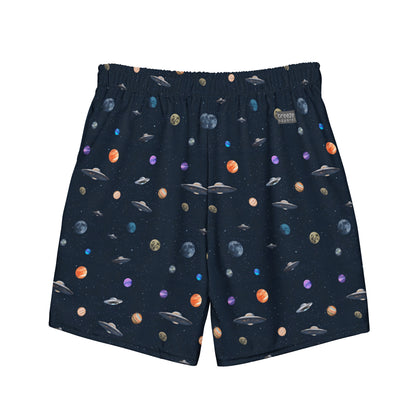 Swim trunks with graphic of planets and UFOs in space.