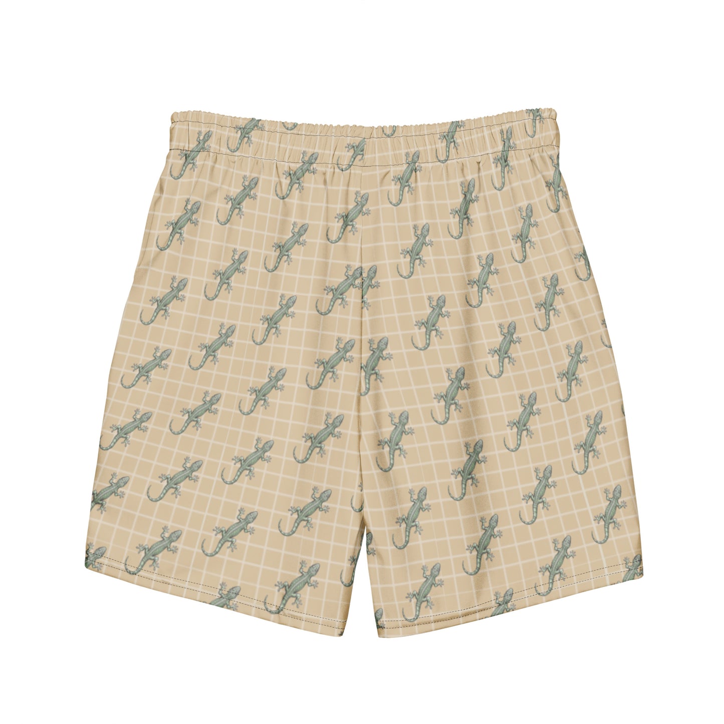 Beige swim trunks with pattern of green lizards.