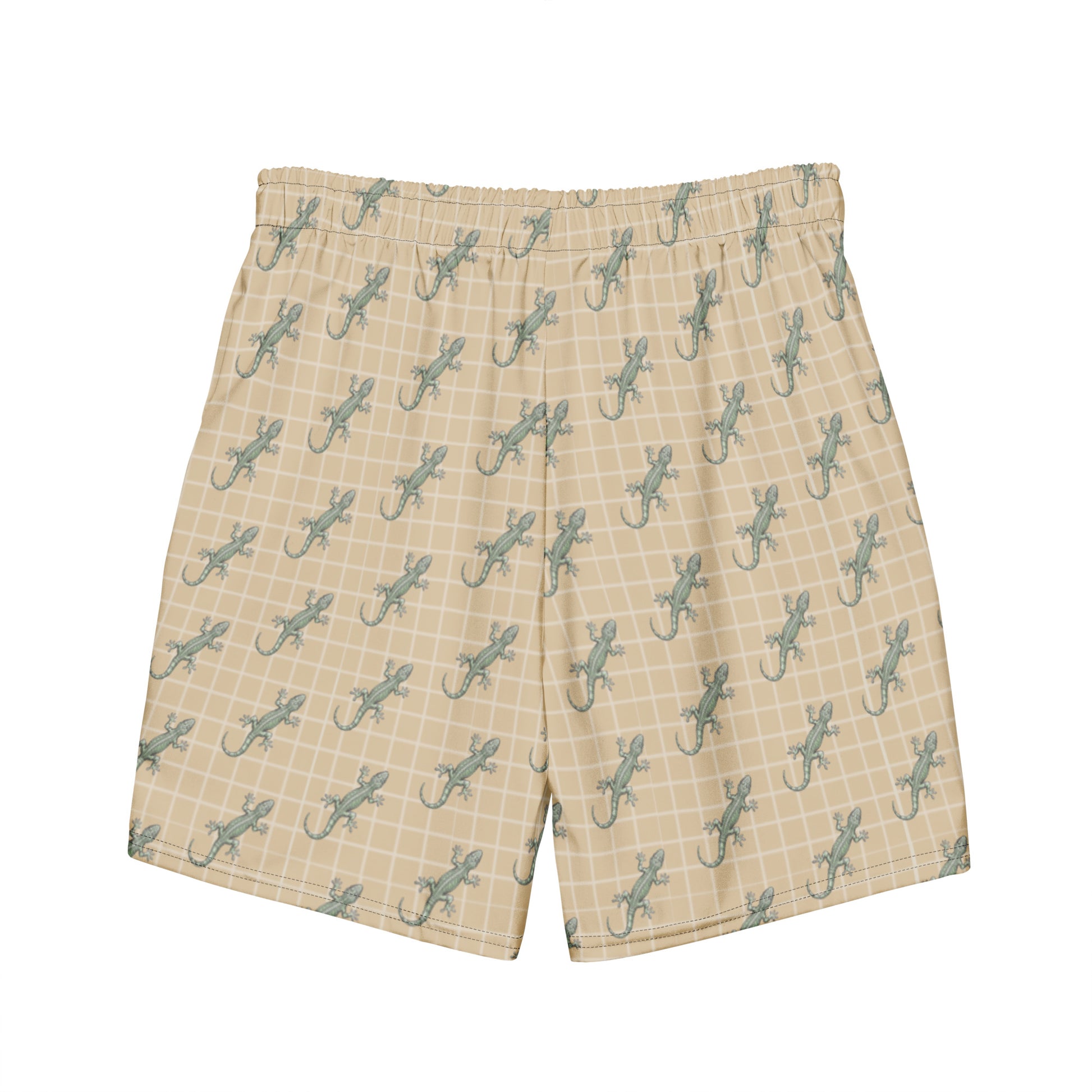 Beige swim trunks with pattern of green lizards.