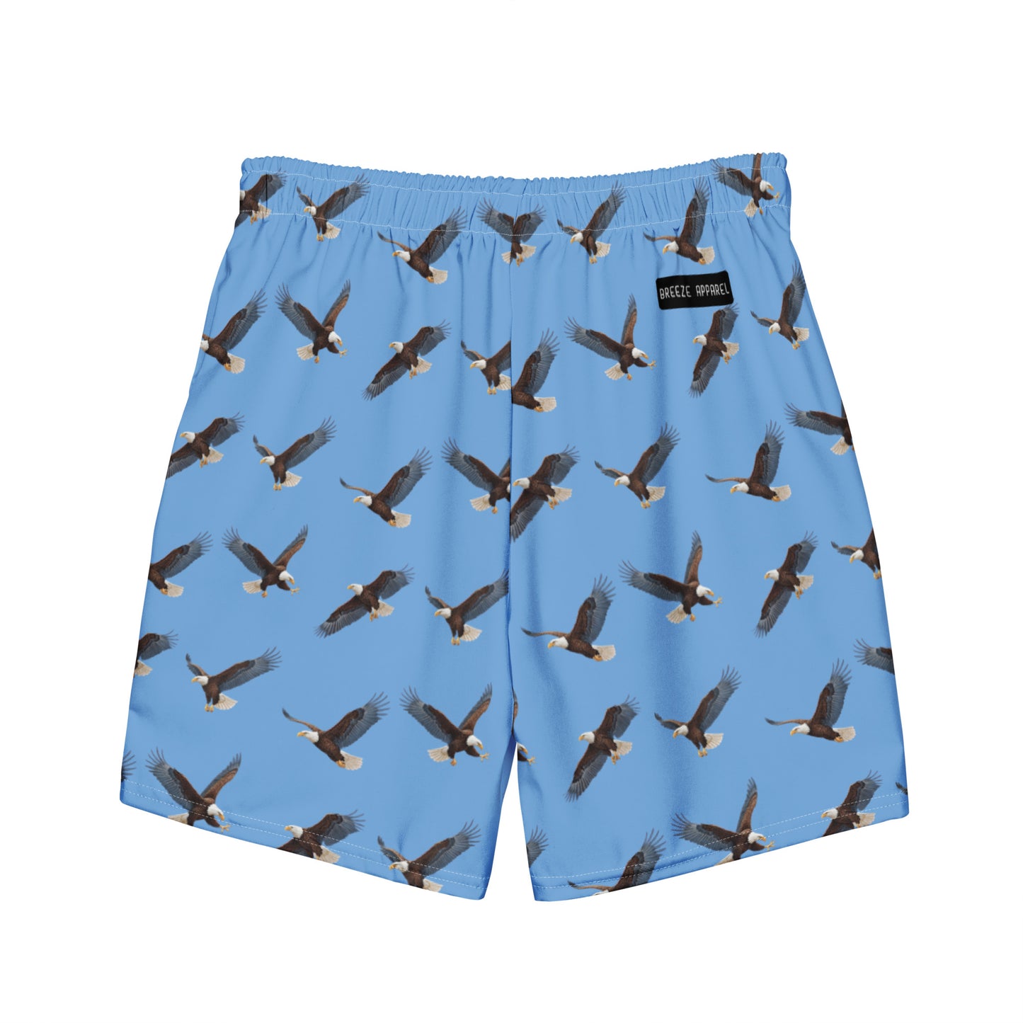 Blue swim trunks with pattern of bald eagles.