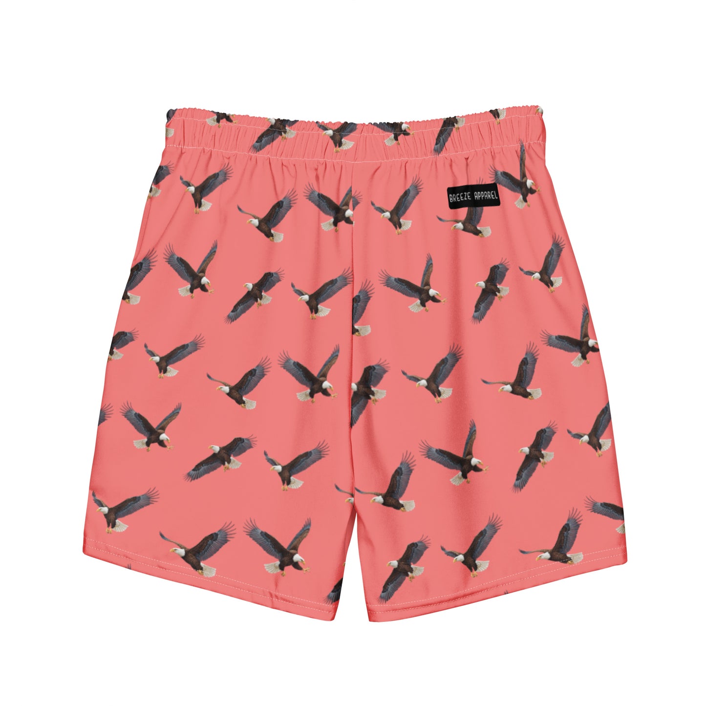 Red swim trunks with pattern of bald eagles.