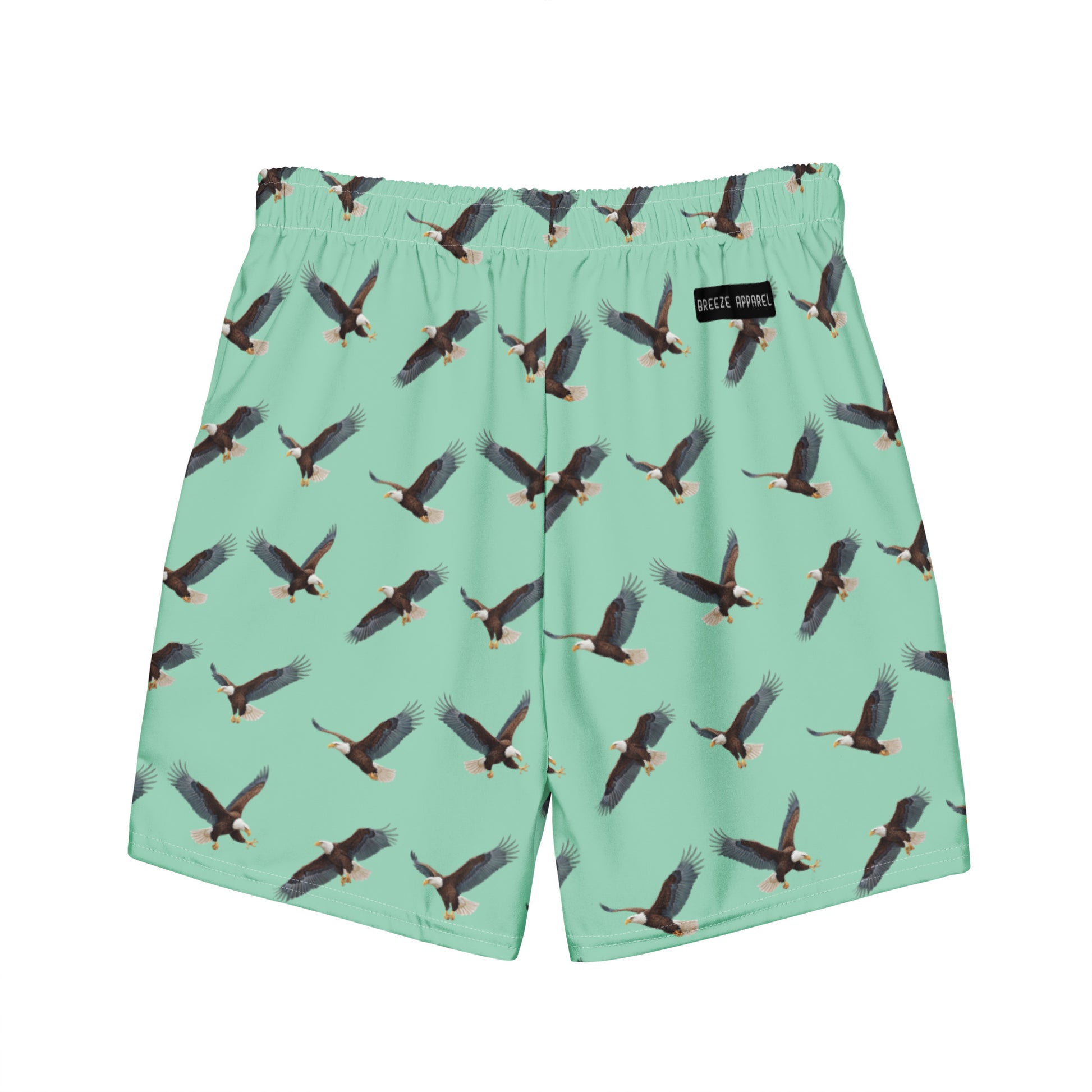 Green swim trunks with pattern of bald eagles.