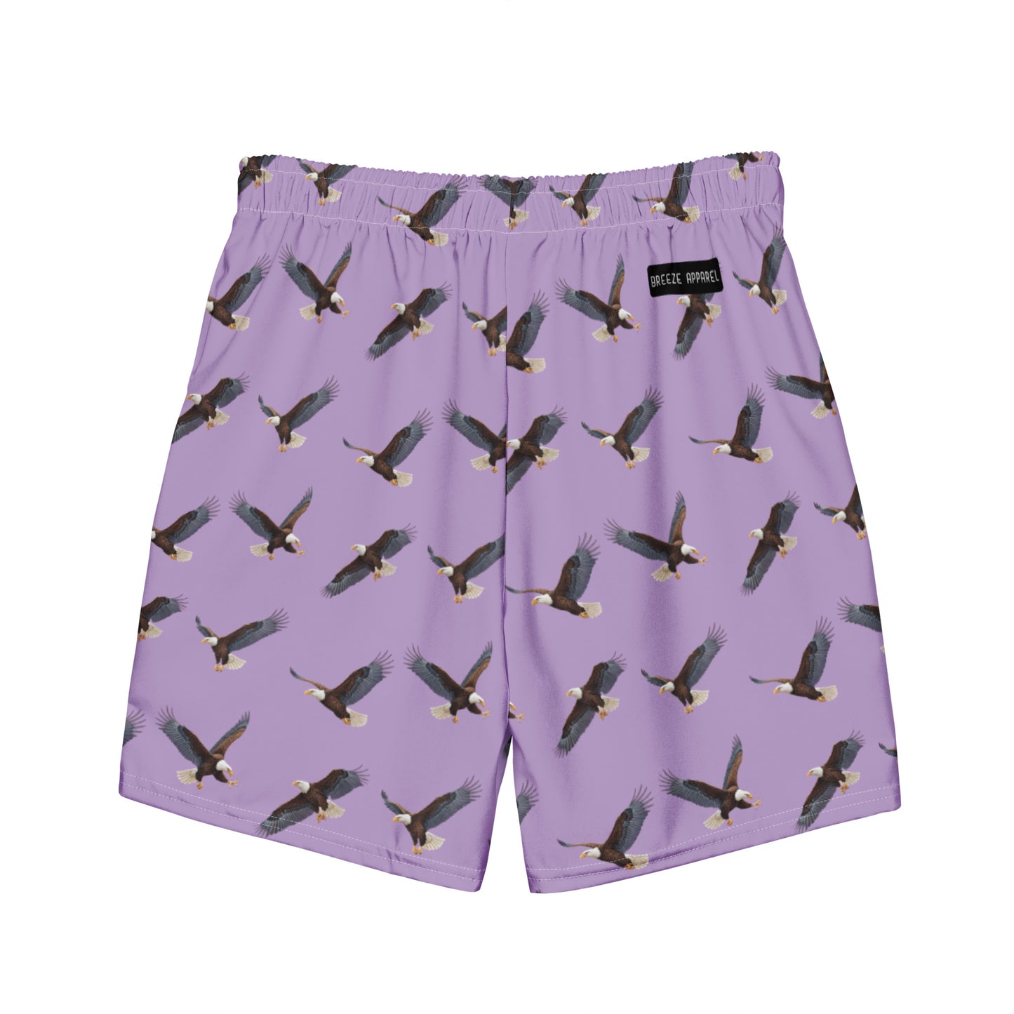 Purple swim trunks with pattern of bald eagles.