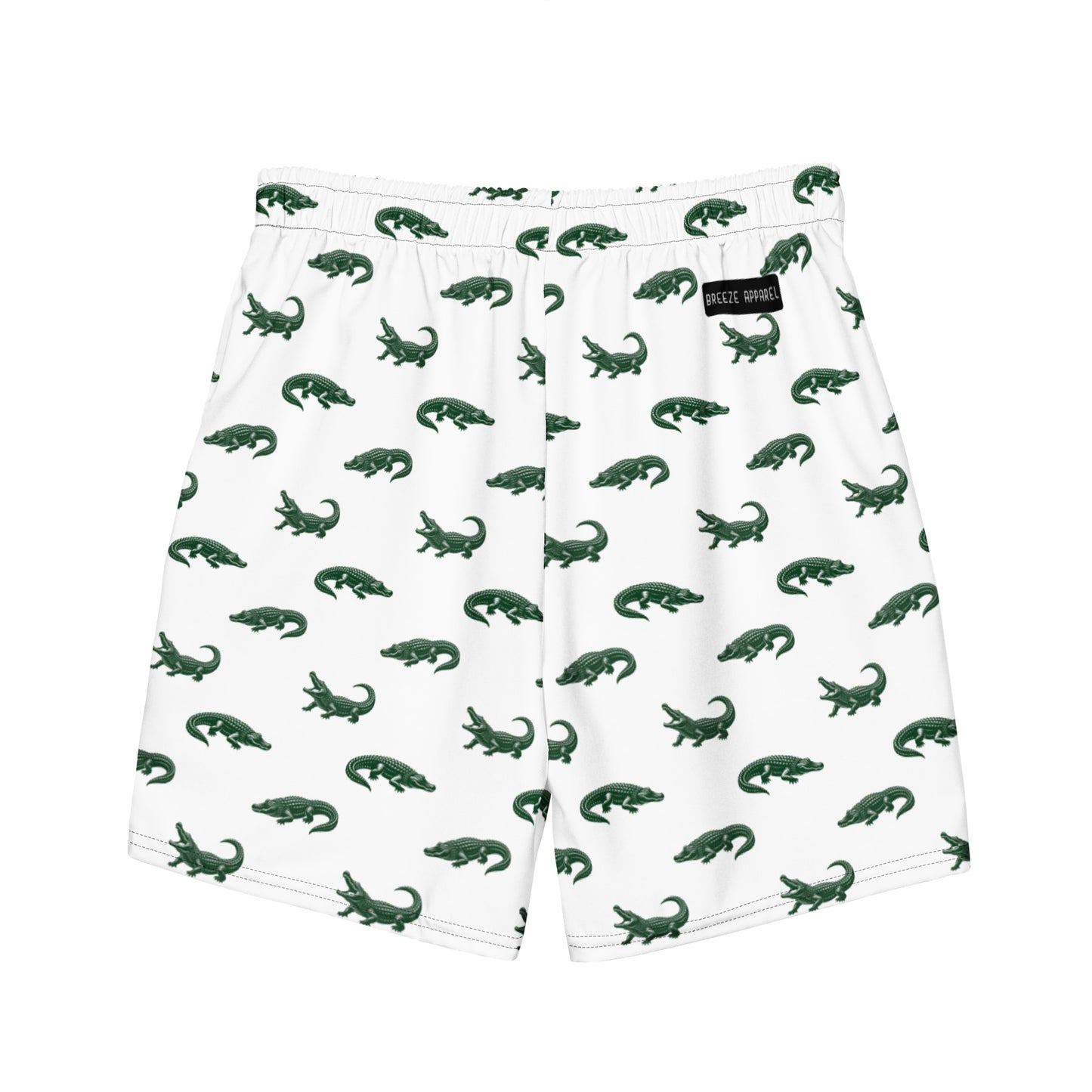 White swim trunks with pattern of green alligators.