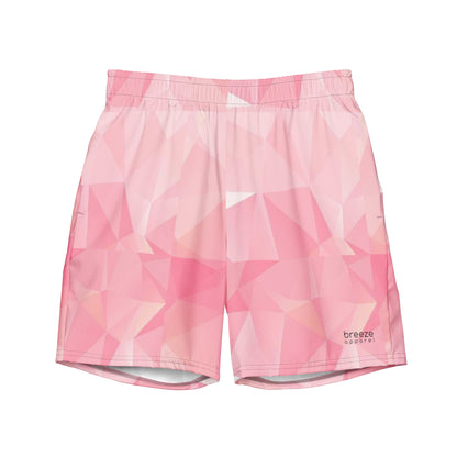 Swim trunks with pink geometric pattern.