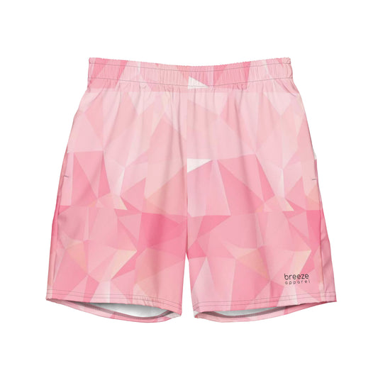 Swim trunks with pink geometric pattern.