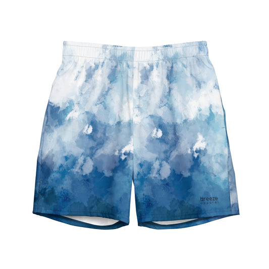 Swim trunks with a blue-white watercolor pattern.
