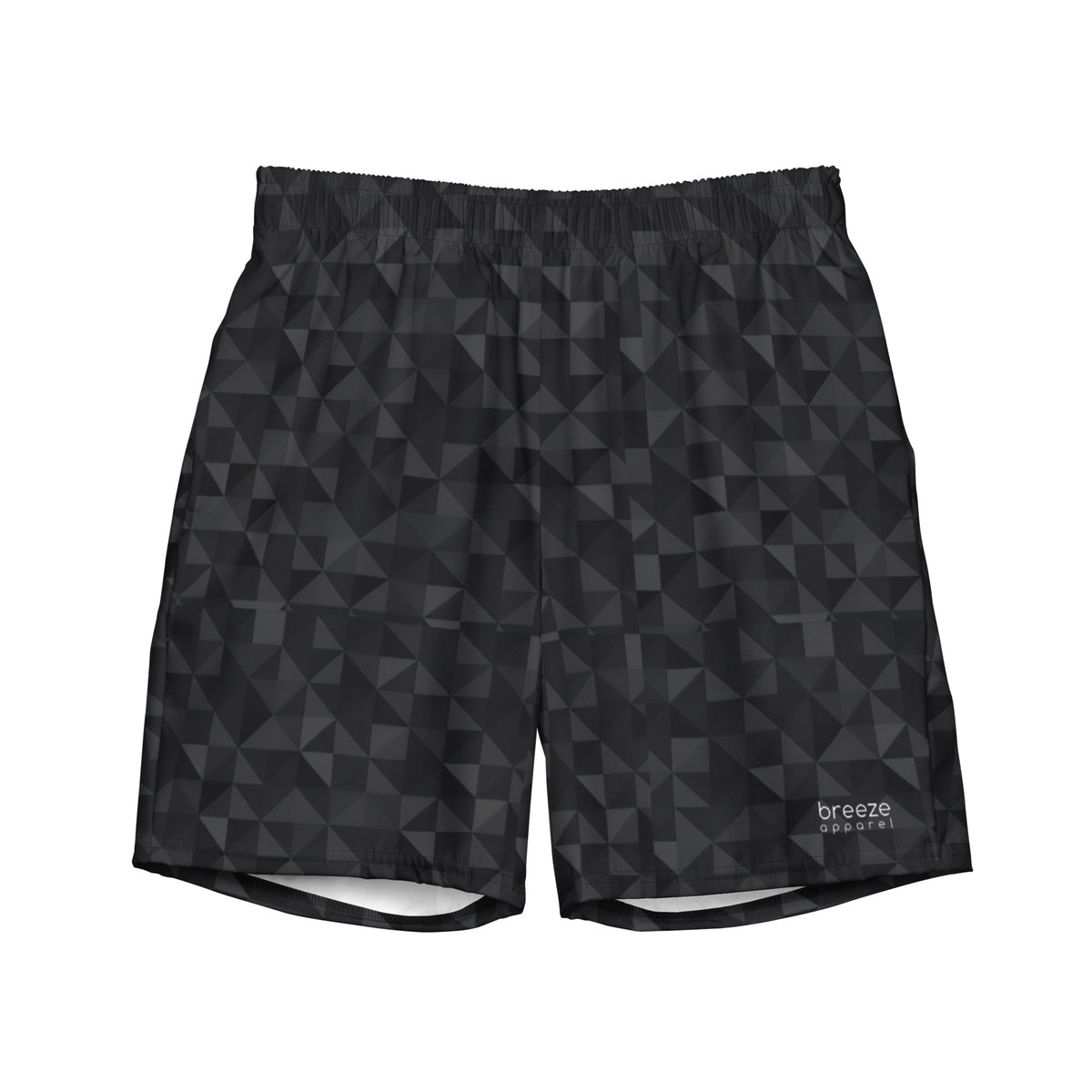 Swim trunks with black geometric pattern.