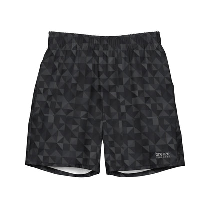 Swim trunks with black geometric pattern.