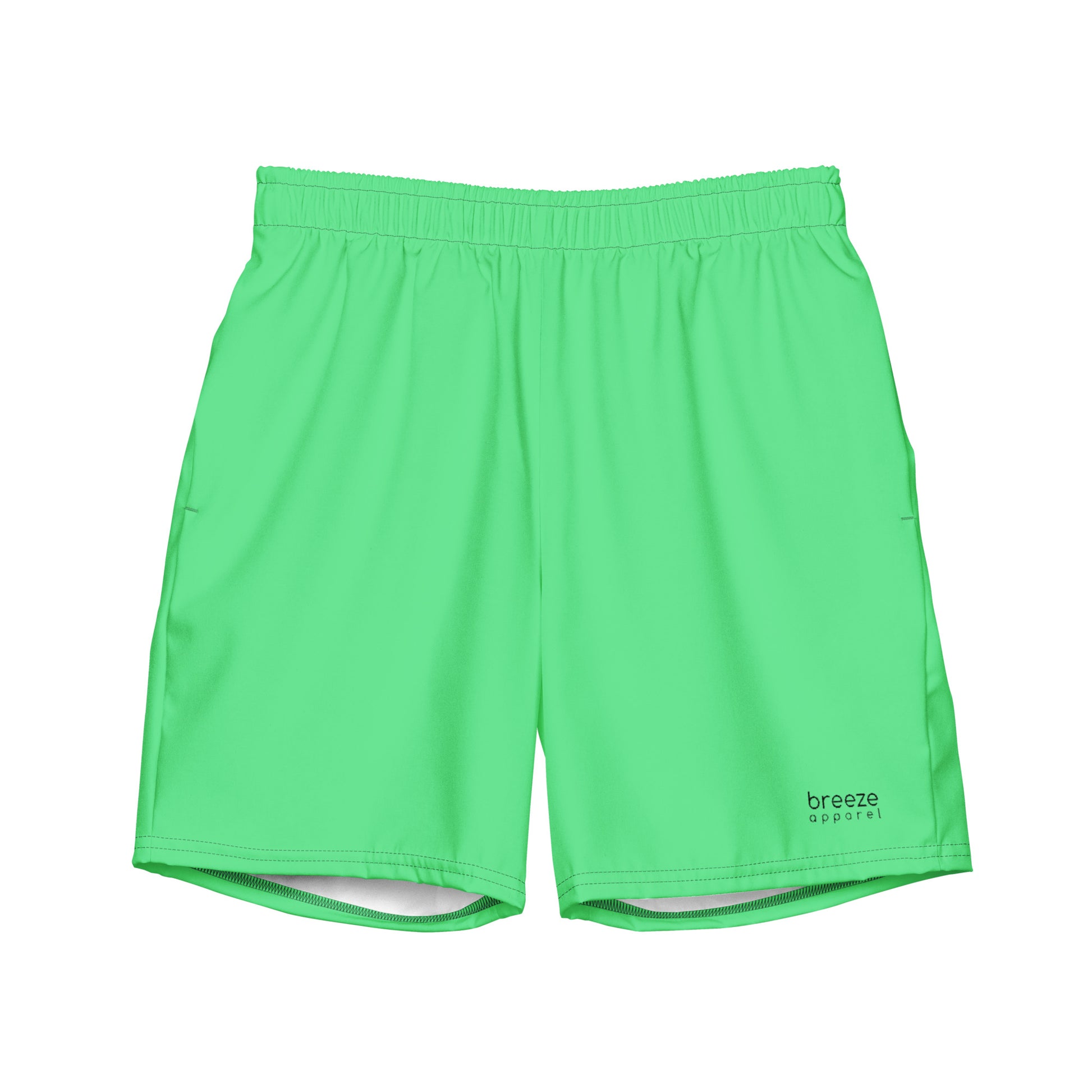 Mint-green swim trunks.