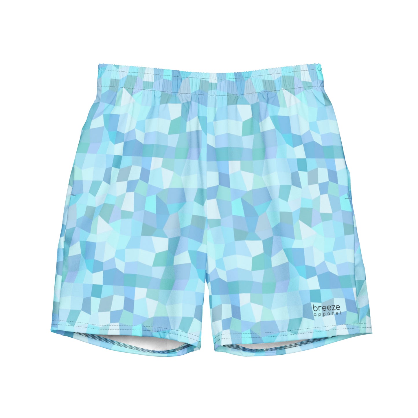 Swim trunks with light-blue geometric pattern.
