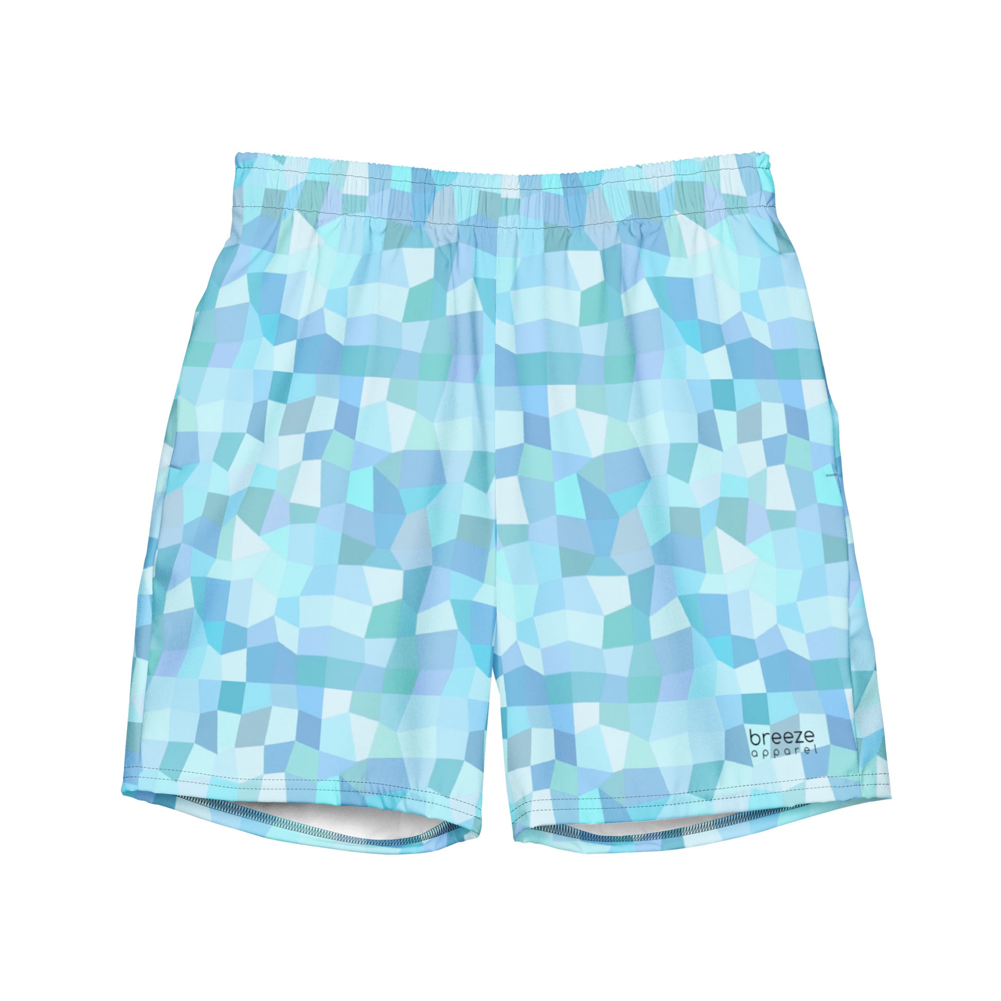 Swim trunks with light-blue geometric pattern.