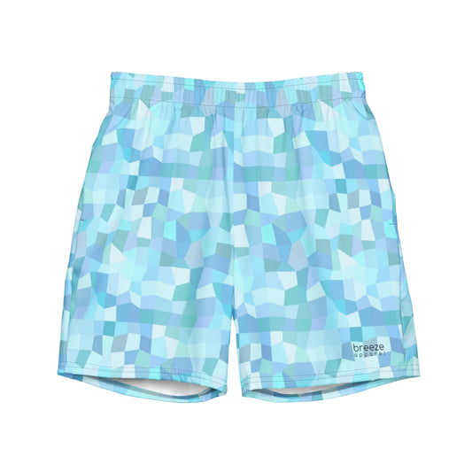 Swim trunks with light-blue geometric pattern.