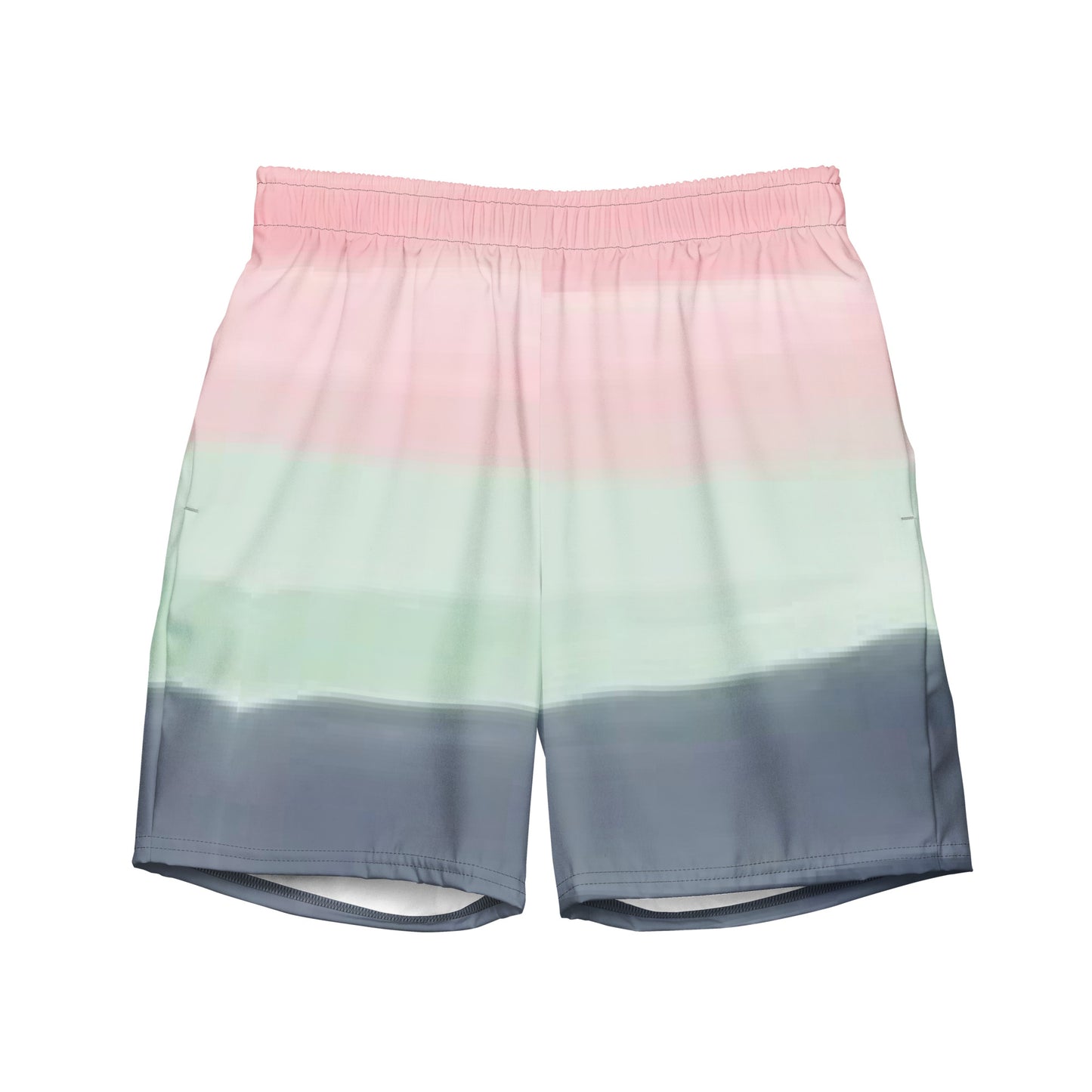 Swim trunks with color scheme of pink, light green, and gray, resembling watercolor.