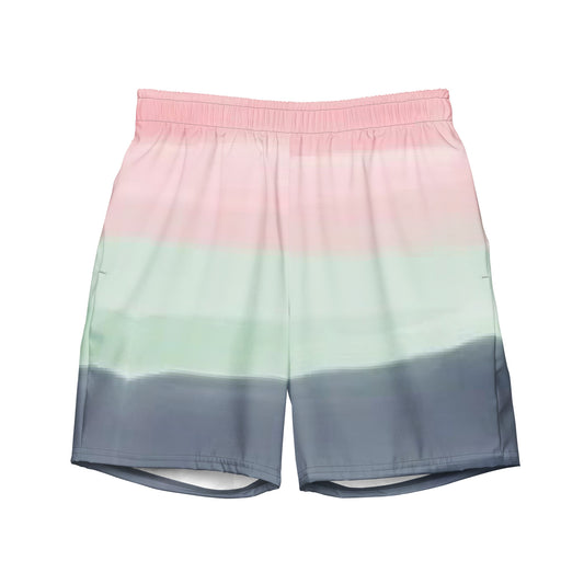 Swim trunks with color scheme of pink, light green, and gray, resembling watercolor.