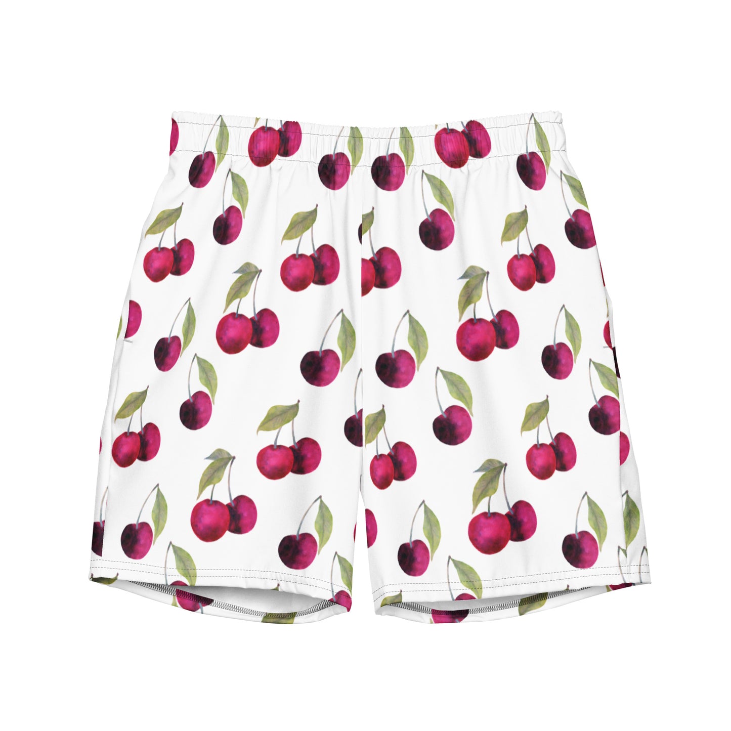Swim trunks with pattern of cherries set on a white background.