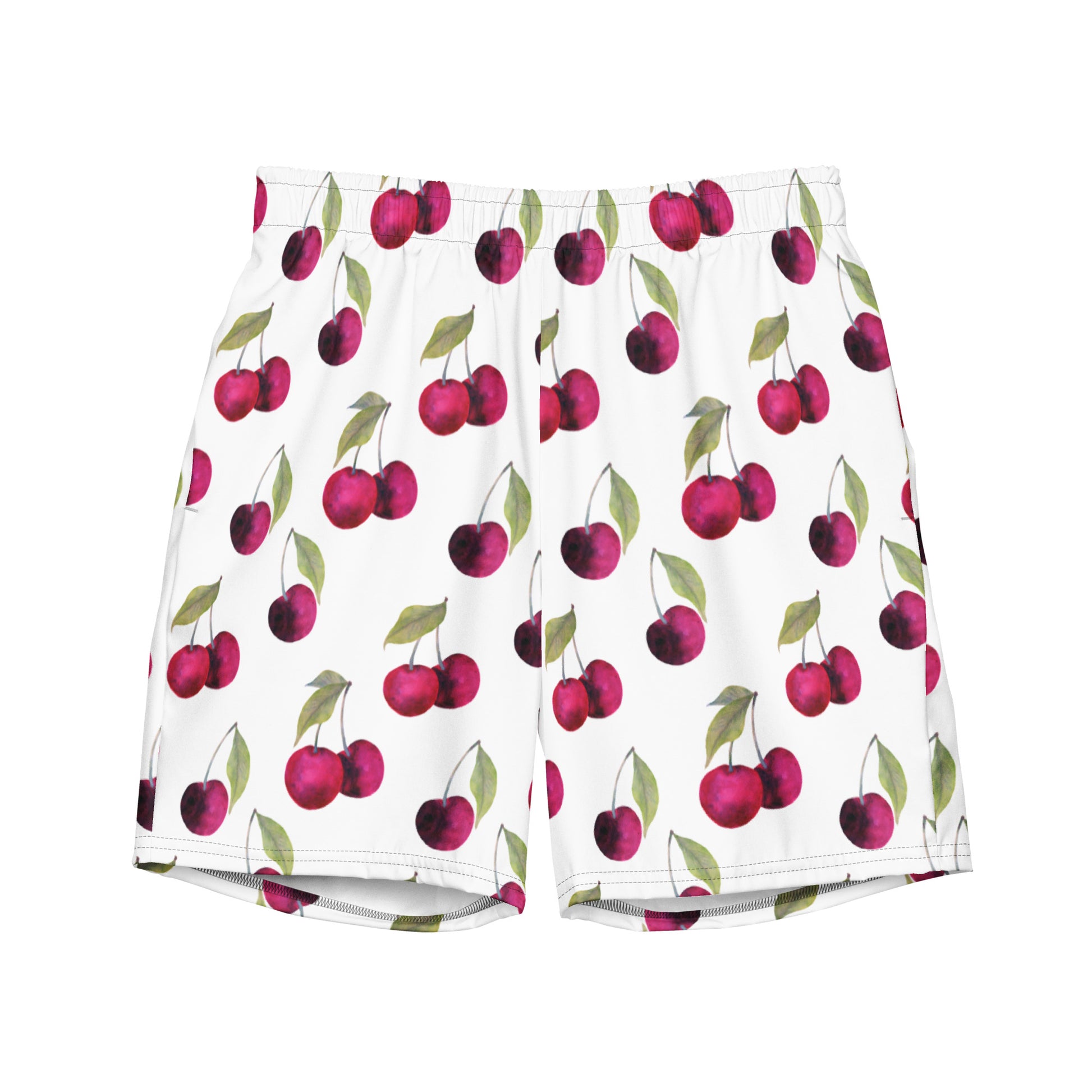 Swim trunks with pattern of cherries set on a white background.