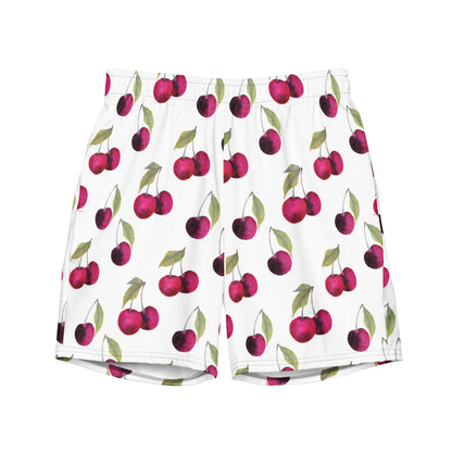 Swim trunks with pattern of cherries set on a white background.
