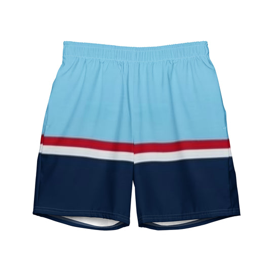 Swim trunks with pattern of light-blue on top, followed by a thinner red and thinner white line, followed by navy.