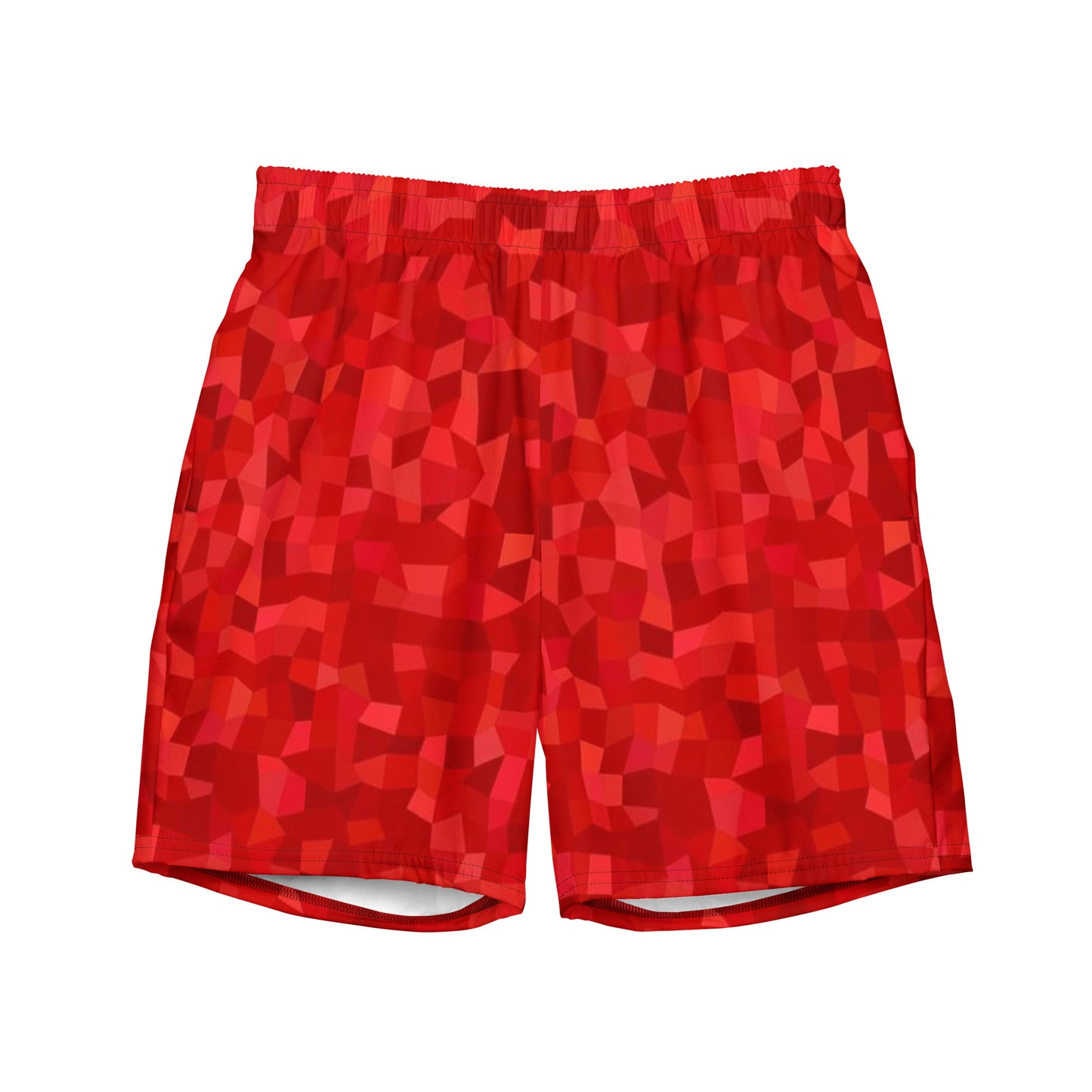 Swim trunks with red geometric pattern.