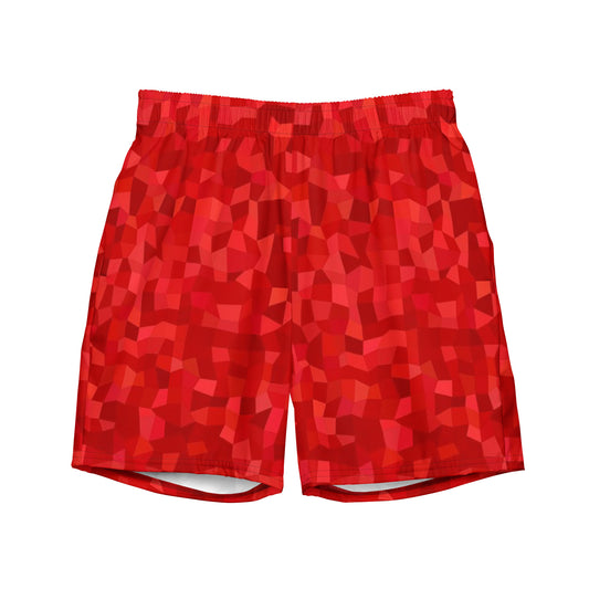 Swim trunks with red geometric pattern.