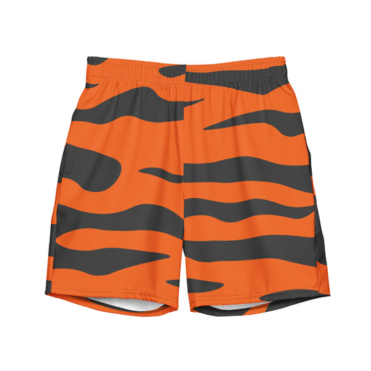 Swim trunks with tiger-skin pattern.
