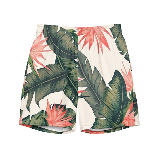Swim trunks with tropical floral pattern.