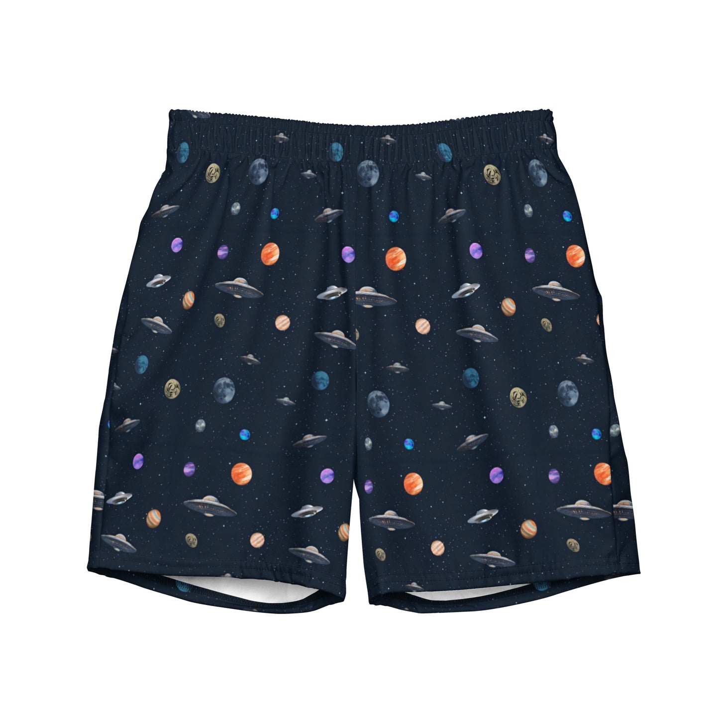 Swim trunks with graphic of planets and UFOs in space.