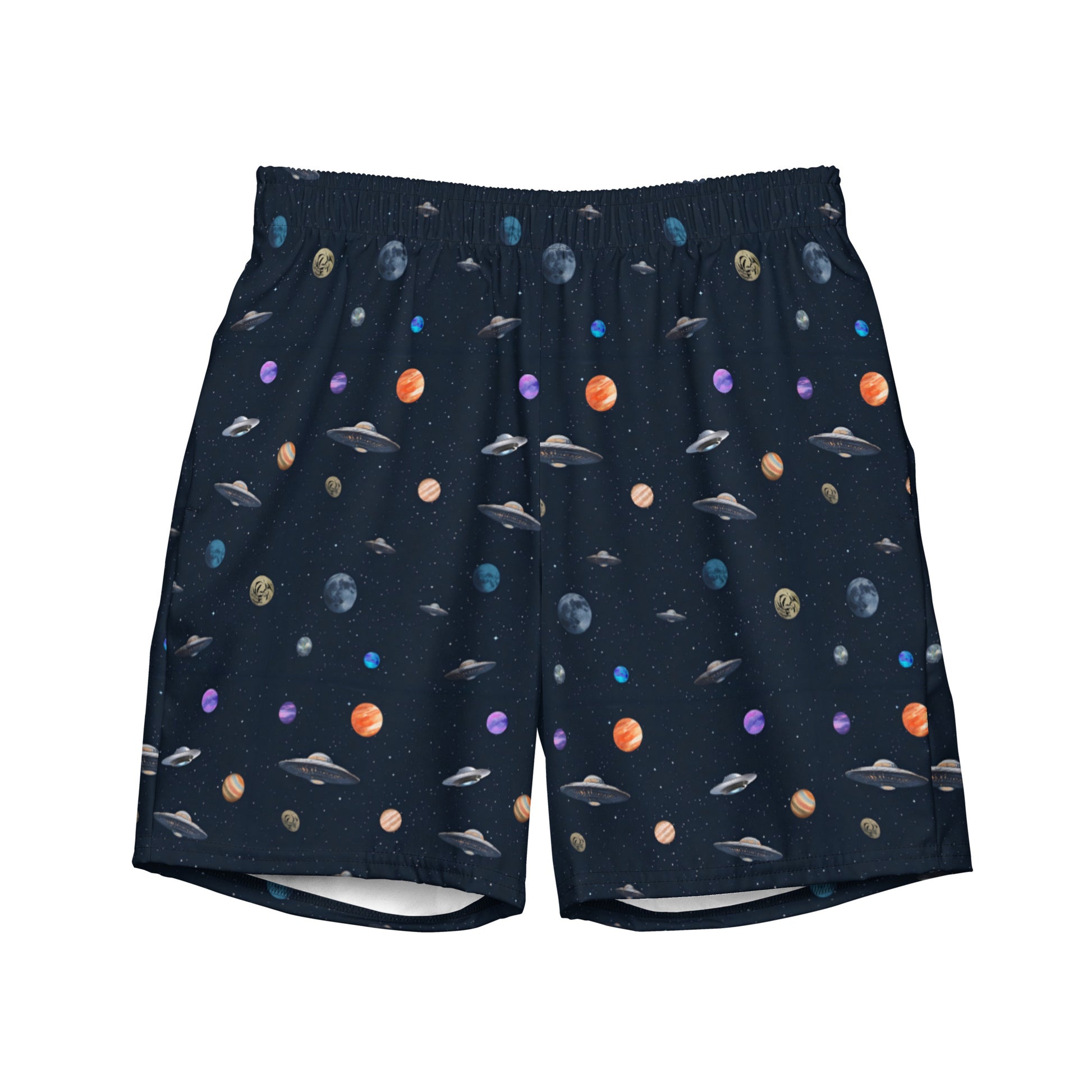 Swim trunks with graphic of planets and UFOs in space.