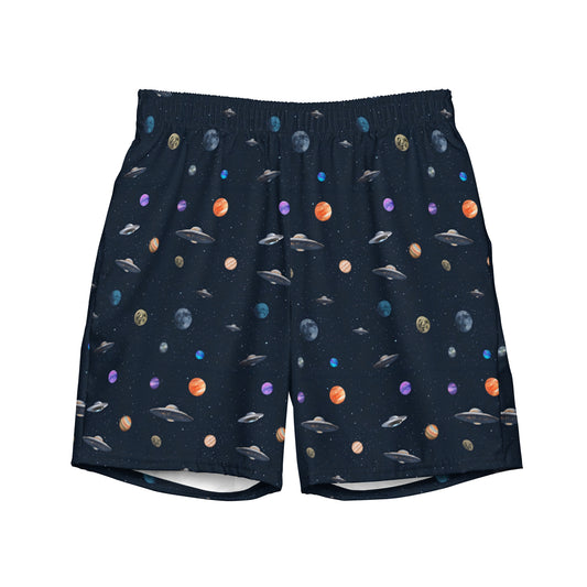 Swim trunks with graphic of planets and UFOs in space.