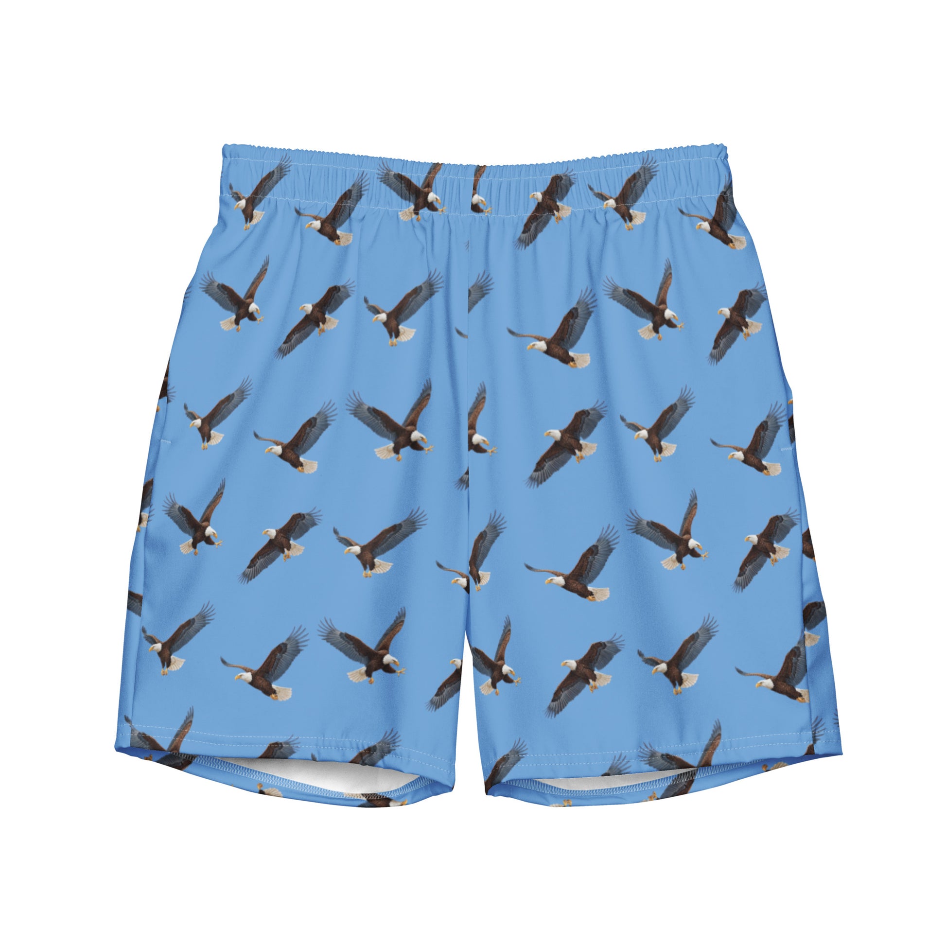 Blue swim trunks with pattern of bald eagles.