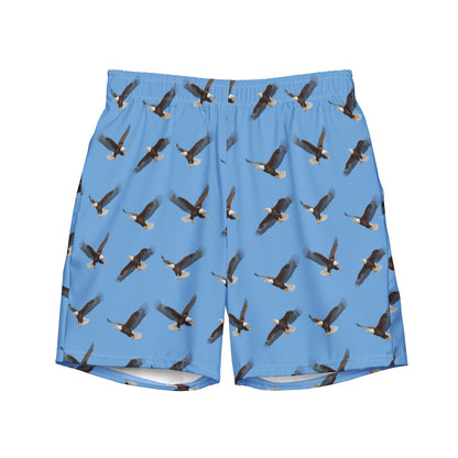Blue swim trunks with pattern of bald eagles.